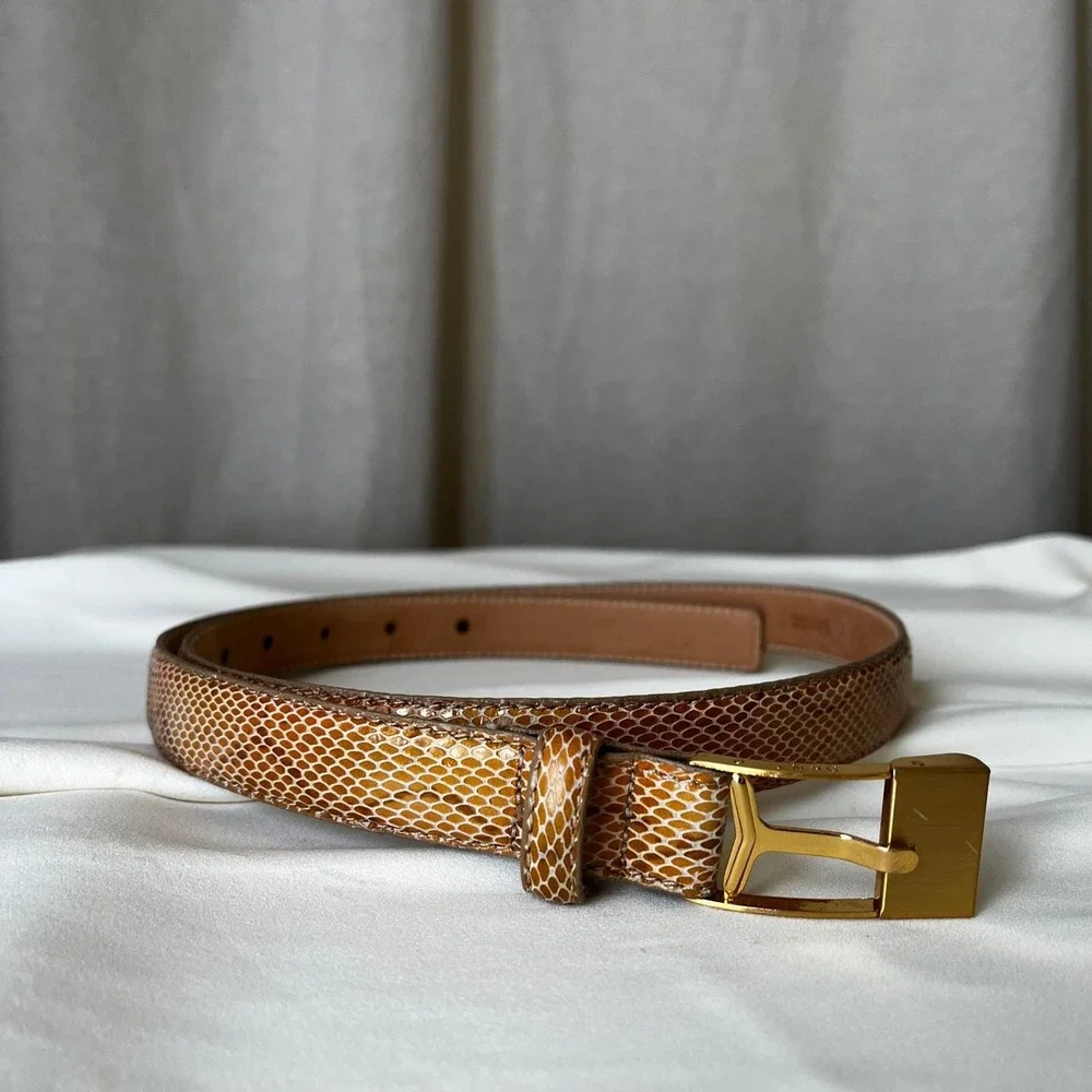 DKNY Italian Calfskin Snakeskin Belt XL Tan‎ Minimal Gold Buckle